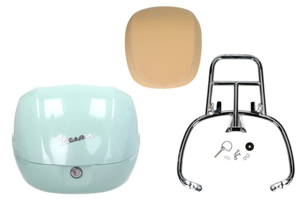 Kit top case 32L latte menta (350/A), coussin dorsal beige, porte-bagages chromé pour Primavera