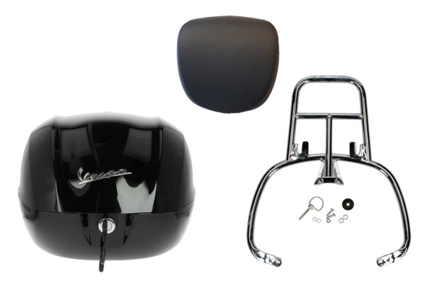 Kit top case 32L nero cosmo (98/A), coussin dorsal noir pour Vespa Sprint / Primavera