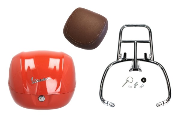 Kit top case 32L orange impulsivo (A11), coussin dorsal marron foncé, porte-bagages chromé pour Primavera