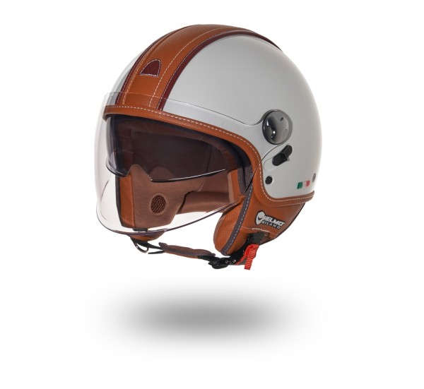 Helmo Milano PelleDura Premium blanc brillant avec cuir écologique marron