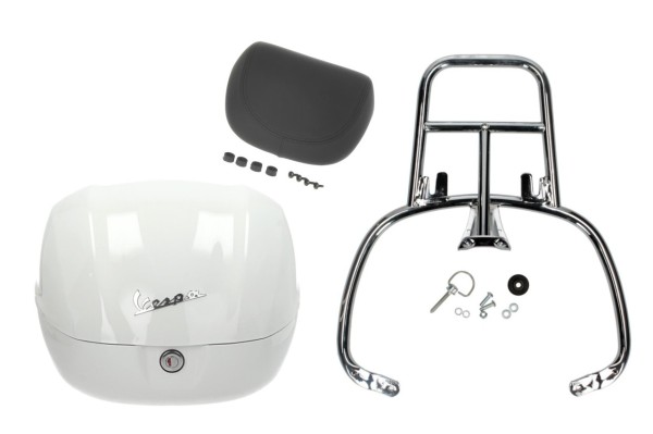 Kit top case 32L blanc (B04), coussin dorsal noir, porte-bagages chromé pour Primavera