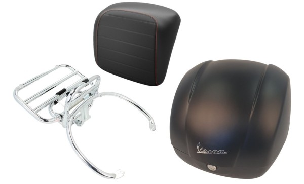 Kit top case 36L noir mat (99/C), porte-bagages chrome pour Vespa GTS 125/300/310