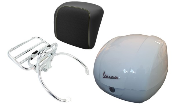 Kit top case 36L blanc (B04), porte-bagages chromé, coussin dorsal noir avec coutures jaunes pour Vespa GTS