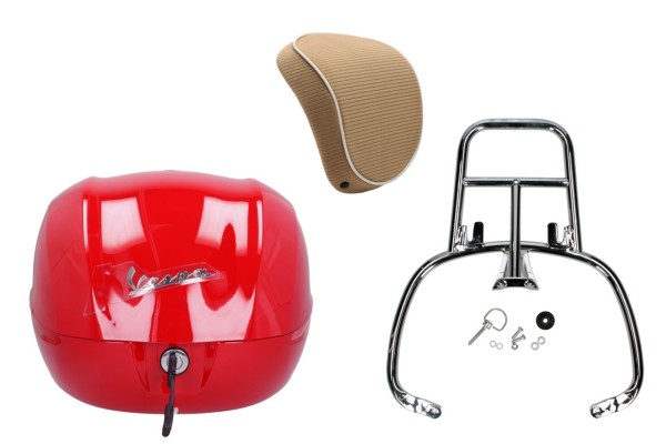 Kit top case 32L rouge dragon (894), coussin dorsal marron pour Vespa Sprint / Primavera