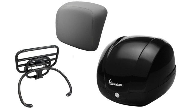 Kit top case 36L nero cosmo (98/A), porte-bagages noir, coussin dorsal gris pour GTS 125/300/310