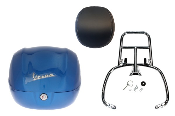 Kit top case 32L bleu (261/A), coussin dorsal noir pour Vespa Sprint / Primavera